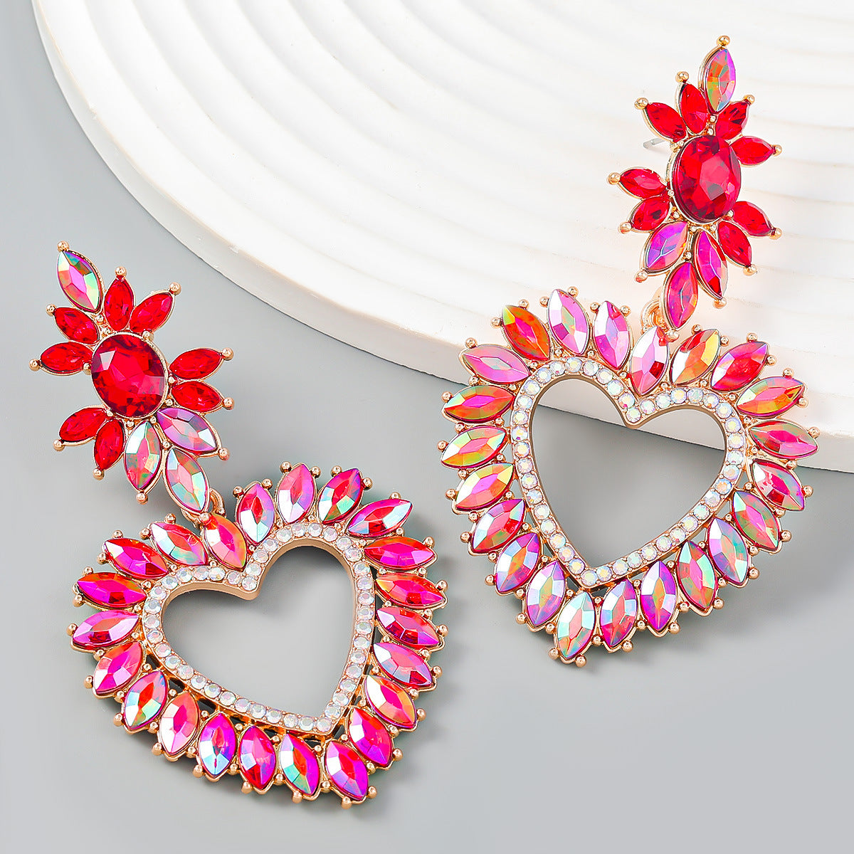 Wholesale Alloy Color Diamond Flower Love Shape Gemstone Earrings